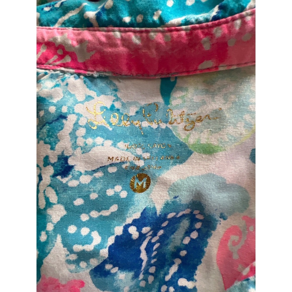 Lilly Pulitzer Dress Medium Blue Pink Coral Button Down Tunic Coastal Old Money - Picture 14 of 14